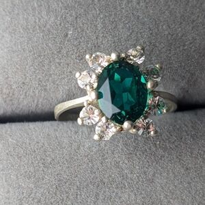 Sterling Silver Ring Green Simulated Emerald CZ Halo Size 5 New Holiday Cocktail